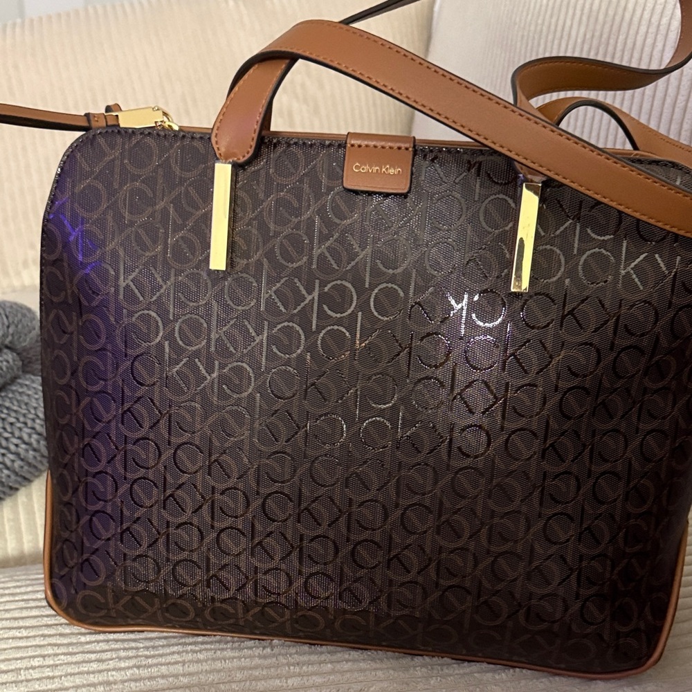 Calvin Klein Black and Brown Monogram Shoulder Bag